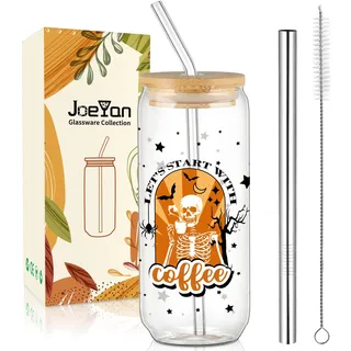 Joeyan 600ml Halloween Gläser mit Deckel und Strohhalm,20oz Trinkgläser Dosenform mit Totenkopf schwarzer Stern,Glasbecher für Eiskaffee Matcha Smoothie Bubble Tea, Halloween-Dekor Glaswaren Geschenk