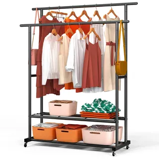 VOUNOT® Kleiderständer auf Rollen, Kleiderstange Doppelt, Garderobenständer Metall mit 2 Aufbewahrungsablagen, Stabil, Schwerlast, für Schlafzimmer Flur Ankleidezimmer, 120x40x146cm Schwarz