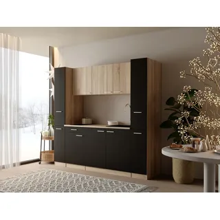 Küche Küchenzeile Singleküche Eiche Schwarz Ingrid 210cm o. Kühlschrank Respekta