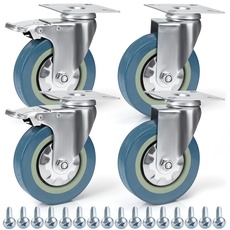 Kurtzy Lenkbare Rollen Schwerlast (4Stk) - 100mm Möbelrollen Gummi Feststellbare Rollen mit Bremse, Schrauben & Metallplatten - Max. 280kg für Trolleys, Möbelroller Transportroller, Werkbank Rollen