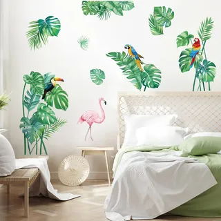 FUFUQUARE Tropische Blätter Wandaufkleber Grün Große Palmblatt Papagei Flamingo Wandtattoos Kunst Dekor für Wohnzimmer Schlafzimmer TV Hintergrund Büro