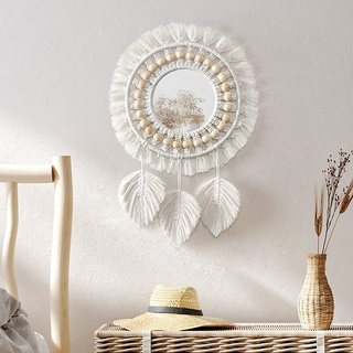 Dremisland Makramee Wandspiegel Wanddeko mit Gewebten Fringe Blatt Wand Befestigter Boho Deko Rund Spiegel Wandbehang Beige Dekorativer Spiegel für Wohnung Haus Schlafzimmer Wohnzimmer