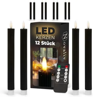 Stabkerzen LED mit Timer SCHWARZ 12 Stück indoor 6 Stunden ECHTWACHS gerippt 23cm Höhe für Kerzen 2,2cm Durchmesser 2 AAA Batterien notwendig LED Stabkerzen 2er Set (drei Mal) bewegliche Flamme