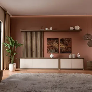 Forte SKELPE 300, Japandi-Stil Wohnwand mit Lowboard 5-türig, Latten-Wandpaneele und Wandregal, Valencia Eiche Holzdekor/Kaschmir Beige, 300 cm breit x 190 cm hoch x 42 cm tief