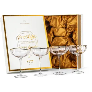 GLASSIQUE CADEAU Kleine 150 ml Prestige Espresso Martini Gläser mit Goldrand für Daiquiri, Cocktail, Champagner | 4er Set | Achteckige Kristall Coupe Gläser mit Langen Stiel | Elegante Martinigläser