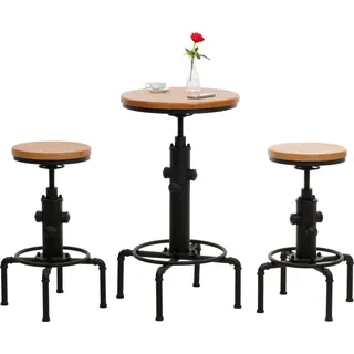 Set Bartisch + 2x Barhocker HWC-N23, Barstuhl Stehtisch höhenverstellbar drehbar Fußablage Industrial Eisen Holz natur - Braun