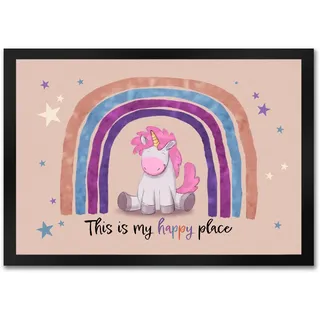 speecheese This is My Happy Place Fußmatte in 35x50 cm mit niedlichem Einhorn Baby Kinder Lieblingsplatz Dekoration Unicorn Regenbogen Sterne Kinderzimmer