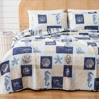 Great Bay Home 2-teilige, wendbare leichte nautische Steppdecke mit 1 Kissenbezug, für alle Jahreszeiten, Strand-Tagesdecken | Blaue Küsten-Bettwäsche-Sets | Caspian Quilts Collection