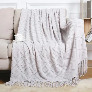LumiSyne Gestrickte Decke Mit Quaste Einfarbig Jacquard Diamanten Muster Kuscheldecke Strickdecke Tagesdecke Überwurf Couchdecke Dekorative Decke Für Sofa Bett Beige 180x240cm