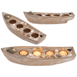 Holz-Boot für 4 Teelichte, Muscheldeko & Steine, ca. 36,3 x 11 x 9 cm, Beige