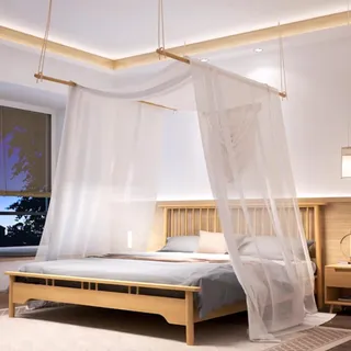 HanYun Himmelbett Vorhänge mit 2pcs Himmelbett Stange, Organza Stoff Hochzeit Vorhang Weiß Fenster Deko Tüllstoff Meterware Transparent für Betthimmel Doppelbett Hochzeit Traubogen Boho deko (59x256)