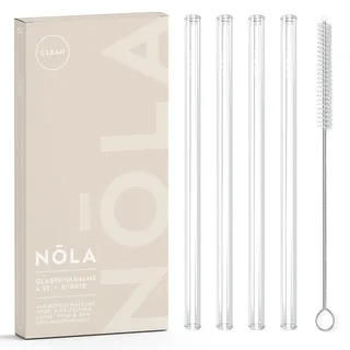NOLA Premium Glastrinkhalme transparent, 4er-Set + Reinigungsbürste - 15 cm lang - Spülmaschinenfest, Spezialglas - für heiße & kalte Getränke, Tee, Cocktails, Smoothies, Säfte