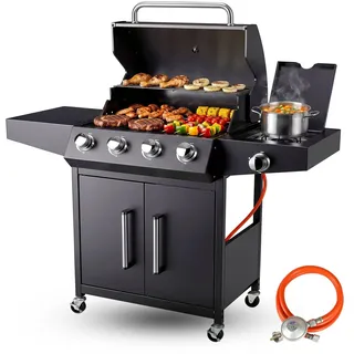 TLSUNNY Gasgrill 4+1 Brenner 15 kW, BBQ Grillwagen Gas mit Seitenkochfeld | Gasgriller Outdoor Edelstahl mit Thermometer, 4 PCS Rollen, 60x42 cm Grillrost & Warmhalterost, Grillküche für Balkon, Garden