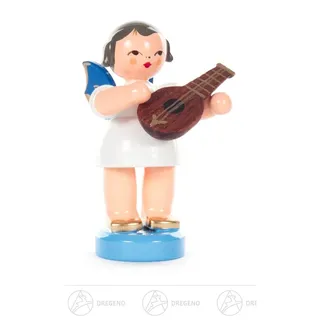Engel mit Mandoline stehend, blaue Flügel h=ca 5,5 cm NEU Erzgebirge