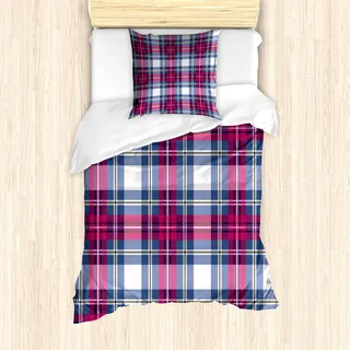 ABAKUHAUS Abstrakt Bettbezug Set, Plaid-Muster mit Vintage schottischen Effekte Artsy Illustration Art, 135 x 200 cm + 80 x 80 cm, Rosa Dunkelblau