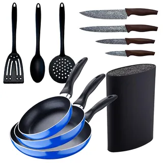 San Ignacio 3-teiliges Pfannen-Set (16 + 20 + 24 cm) aus gepresstem Aluminium, Induktion, Marineblau, mit 3 Küchenutensilien-Set mit 4 Messern aus Edelstahl