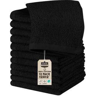 Utopia Towels Baumwoll-Waschlappen-Set – 100% ringgesponnene Baumwolle, hochwertige Flanell-Waschlappen für das Gesicht, sehr saugfähige und weiche Handtücher, 12 Stück, Schwarz