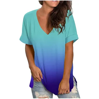 Lange Bluse Damen Mode Farbverlauf V-Ausschnitt Oberteile Kurzarm Tshirt Einfarbig Longbluse Tunika Tops Locker Longtops T-Shirt Pullover Ärmellos Tanktop Teenager Mädchen Shirt Blusen Große Größen
