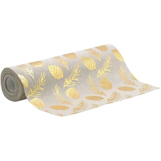 100%Mosel Tischläufer Leinenoptik Natur, Kiefernzapfen in Gold, (28 cm x 5 m), Tischband, edle Tischdeko für Weihnachten & Adventszeit, Festliche Dekoration zu besonderen Anlässen