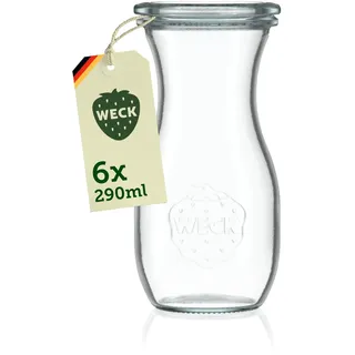 Weck Glaskaraffe 250ml – 6er Set – Trinkflasche aus Glas mit Glasdeckeln zum Befüllen – als Wasserflasche, Glaskaraffe mit Deckel oder zum Einkochen & Verschenken