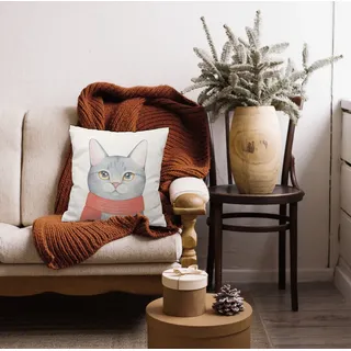 Queence Katze mit Schal im Winter 40 x 40 cm Weiß