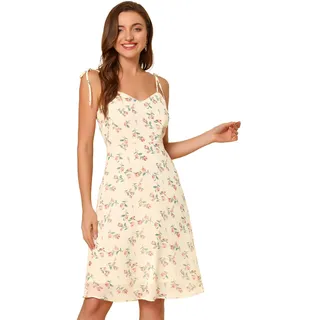 Allegra K Women's Spaghetti Strap Sundress Smocked Summer Vacation Shoulder Tie Floral Dress