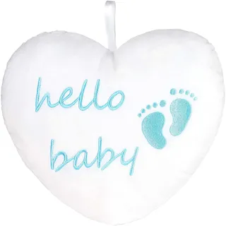 BRUBAKER Plüschherz Hello Baby 25 cm - Babyparty Geschenk zur Geburt - Zierkissen Herz aus Plüsch - Babyzimmer Deko - Kissen für Neugeborene - Baby Junge Hellblau Blau - Weiß, Hellblau