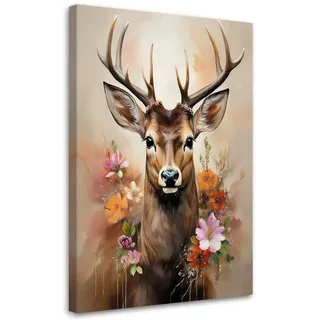Feeby Wandbild hirsch blumen tiere vintage , Braun , Textil , Tiere , Rechteckig , 40x60 cm , Bilder & Rahmen, Bilder, Leinwandbilder