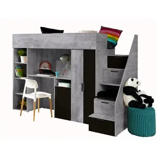 Abiks Möbel Hochbett mit Schreibtisch 90/200 cm , Grau, Schwarz , Holz , Nachbildung , 13 Fächer , 90x200 cm , Babymöbel & Kindermöbel, Kinderzimmer & Jugendzimmer, Kinderbetten, Hochbetten