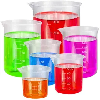 BUZIFU 6 Stück Messbecher Plastik, Transparent Labor Messbecher Set Kunststoff Labs Becher mit Skala 25ml 50ml 100ml 150ml 300ml 500ml Labor Messbecher Werkzeuge für Flüssigkeit