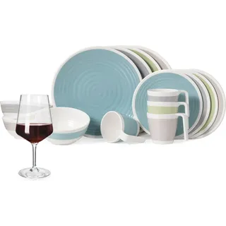 Melamin Camping Geschirr Set 4 Personen Harmonie 16 Teilig + Milano Gläser Rot Weingläser Tafelgeschirr Picknick BBQ Kochgeschirr - Creme, Beige, Rot