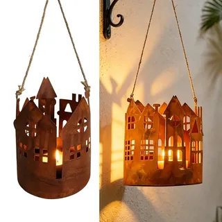 WRQIOO Deko Rost Laterne zum Aufhängen mit Jutekordel, Gartendeko Rost, R-ost Deko für Garten, Edelrost Windlicht mit Lichtspiel für Garten, Terrasse, Balkon und Zuhause