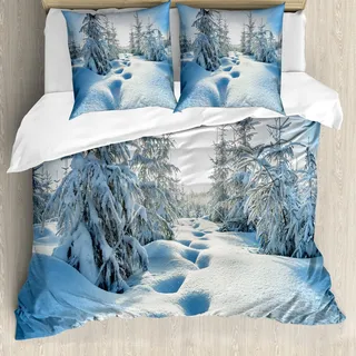 ABAKUHAUS Winter Bettbezug Set, Winter-Landschaft mit Wald und blauem Himmel bereifte Baum-Abdruck-Saisonnatur, 200 x 200 cm + 80 x 80 cm, Blau Weiss