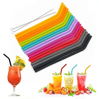 TSHAOUN 18 Stück Silikon Strohhalme Bunte Trinkhalme Wiederverwendbar Party Bendy Silikonstrohhalme und 2 Bürsten, Premium Trinkhalme Geeignet für Smoothie Cocktail