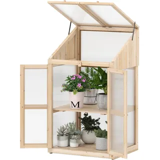 COSTWAY 2 Etagen Frühbeet, aus Holz & PC, Hochbeet wetterfest, Gewächshaus mit 2 Türen, Deckel & abnehmbaren Regalen, Treibhaus 69x58x121cm Natur - Naturbelassen