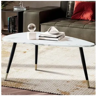 FineBuy Couchtisch 90x60x41 cm mit Marmor Optik, Dreibein Wohnzimmertisch mit Metall-Gestell, Sofatisch Dreieckig Tisch Wohnzimmer, Beistelltisch Weiß