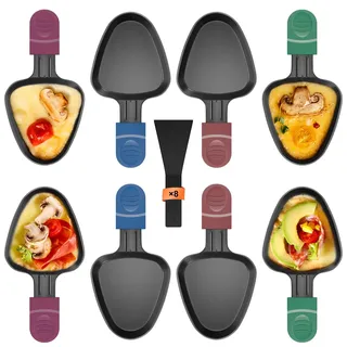 Zalava 8er Set Raclette Pfännchen antihaftbeschichtet, Mini Grill Pfännchen Ersatz mit 8 Schaber und buntem wärmeisoliertem Griff, Grillen von Käse, Eiern