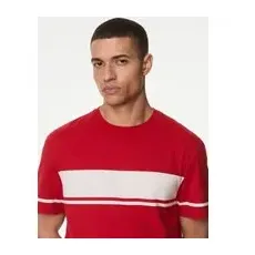 Mens M&S Collection Pure Cotton Crew Neck Chest Stripe T-Shirt - Bright Red, Bright Red - L