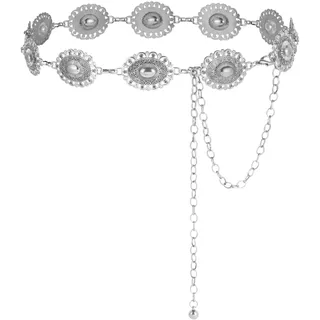 Alaoo Kettengürtel Damen,Western-Metallgürtel Cowgirl Verstellbare Metall Schnalle,Goldener Gürte mit ausgehöhlter Daisy,Kettengürtel Taillenkette Taille Gürtel für Kleider,Jeans,Pullover,Silber,B,130