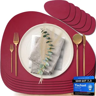 Mahewa® 6er Set Premium Tischset aus Kunstleder - Platzset abwaschbar und wasserdicht - Platzdeckchen Telleruntersetzer in Lederoptik (Bordeaux, Oval)
