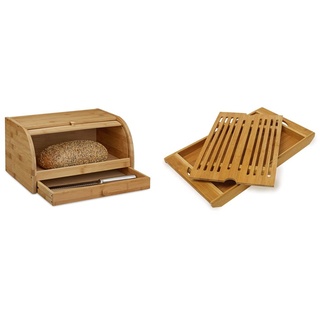 Relaxdays Rollbrotkasten mit Schublade, Bambus,HxBxT: 21 x 40,5 x 28 cm, Holz, natur & Brotschneidebrett aus Bambus ca. 3 x 37 x 21,5 cm Schneidebrett mit Krümelfach zur leichten Reinigung natur