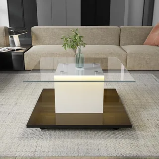 Quadratischer Couchtisch, glänzende Glasplatte, LED-Beleuchtung, drehbare Rollen, Weiß+Schwarz - Weiß