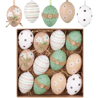 Valery Madelyn 12er Ostereier zum Aufhängen für Osterdeko,6cm Nature Plastikeier für Ostern Deko,Braun Grün Ornament für Osterkörbchen Frühlingsdeko,Ostern Geschenke Kinder