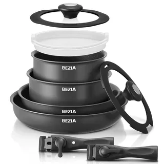 BEZIA Topfset mit Abnehmbarem Griff, 10-teilig Pfannenset für Camping & Kompakte Küche, Stapelbar Töpfe & Pfannen Set Induktion, für Alle Herdarten, PFOA-frei, Ofenfest bis 230°C