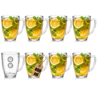 com-four® 8x Teeglas aus gehärtetem Glas - 400ml hitzebeständige Kaffeetassen - Große Trinkgläser mit Henkel für Tee, Kakao, Kaffee und Cappuccino