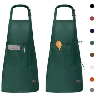 Viedouce 2 Pack Schürze, Wasserdicht Kochschürze mit Taschen, Verstellbarem Küchenschürze Grillschürze latzschürze Küchenschürze für Frauen Männer Chef-Belastbar & Einfach zu Reinigen,Grün