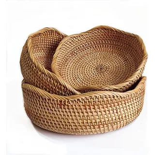 Vintage Strohmantel - Runde Obstschale - Weiden Auffangschale - Natürliche Geflochtene Servierschale - Küchen Theken Dekorationsschale - 3 Stück Set