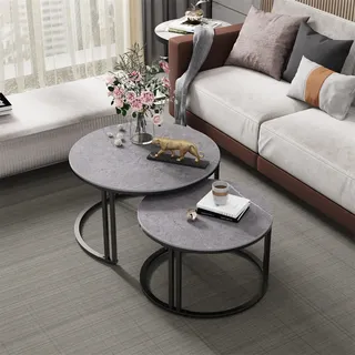 WISFOR Couchtisch Sofatisch 2er Set aus Gesinterter Stein, Modern Kaffeetisch mit doppel Metallbeinen, Rund Satztisch Marmor Optik, Dunkelgrau - Dunkelgrau