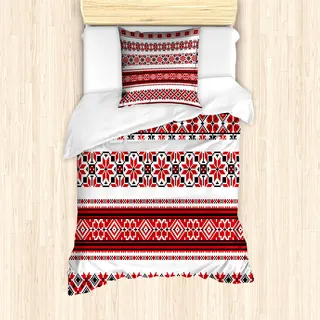 ABAKUHAUS rot Mantele, Ukrainisch Akzente, Milbensicher Allergiker geeignet mit Kissenbezügen, 135 cm x 200 cm - 80 x 80 cm, Rot Schwarz Weiß - Rot