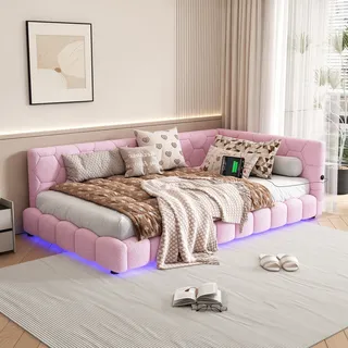 Flieks Polsterbett 90x200cm mit USB, Schlafsofa mit Lattenrost, Tagesbett Daybett Jugendbett mit LED, Gästebett Sofabett Einzelbett, Samt, Rosa - Rosa